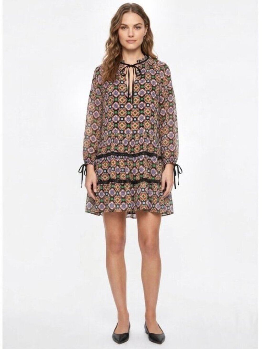 Alice + Olivia Mosaic Kaleidoscope Print Tiered Peasant Dress Womens Size Medium